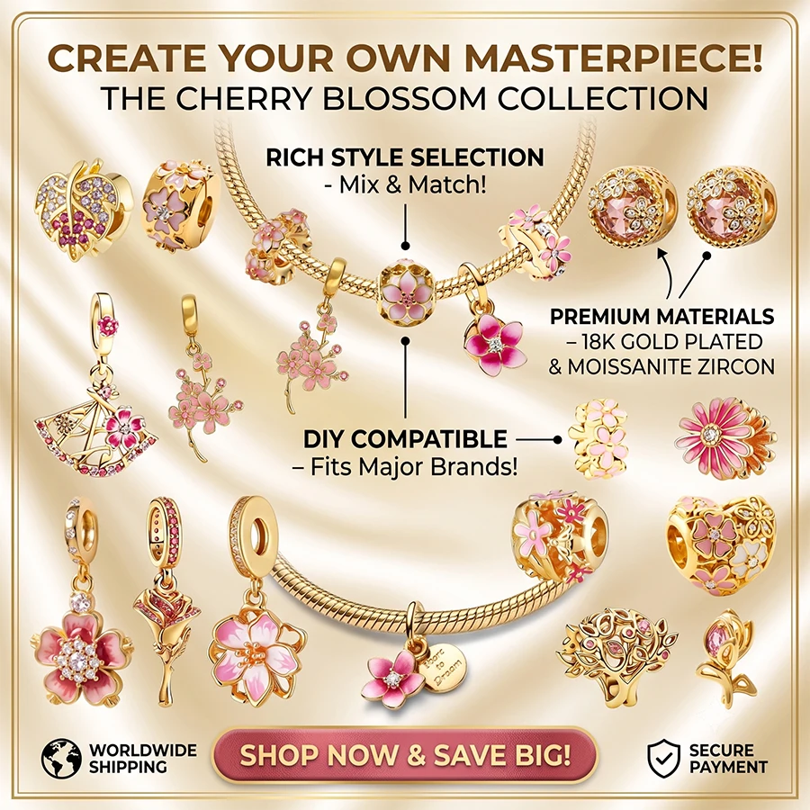Sparkling Golden Charm DIY Fine Women Jewelry Gift Cherry Blossom Pink Daisy Spacer Clip Beads Fit Original 925 Silver Bracelets