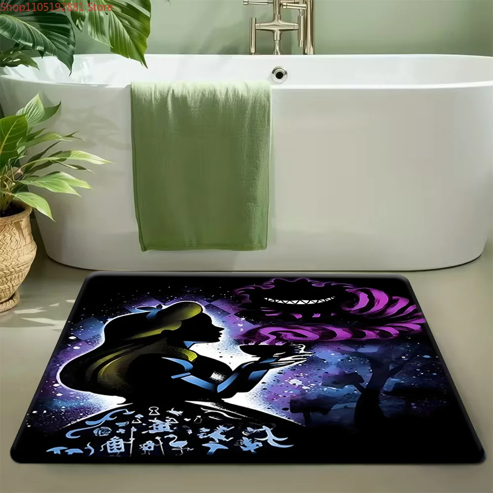 Alfombra de baño con silueta de galaxia del gato de Cheshire de Disney Alicia en el País de las Maravillas, alfombra de baño antideslizante súper absorbente, País de las Maravillas caprichoso