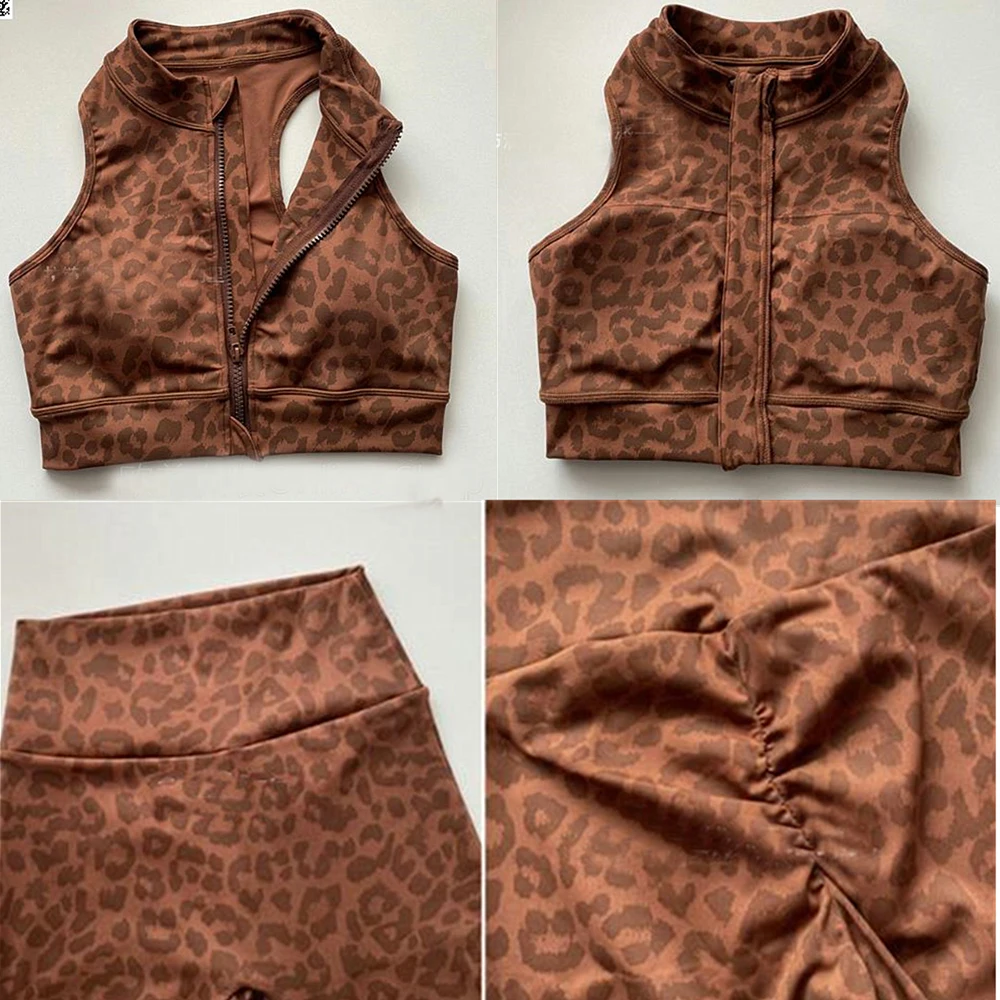 1/2 Uds. Conjuntos deportivos de Yoga con estampado de leopardo y cremallera para mujer, pantalones deportivos Bdra Scrunch, mallas deportivas,