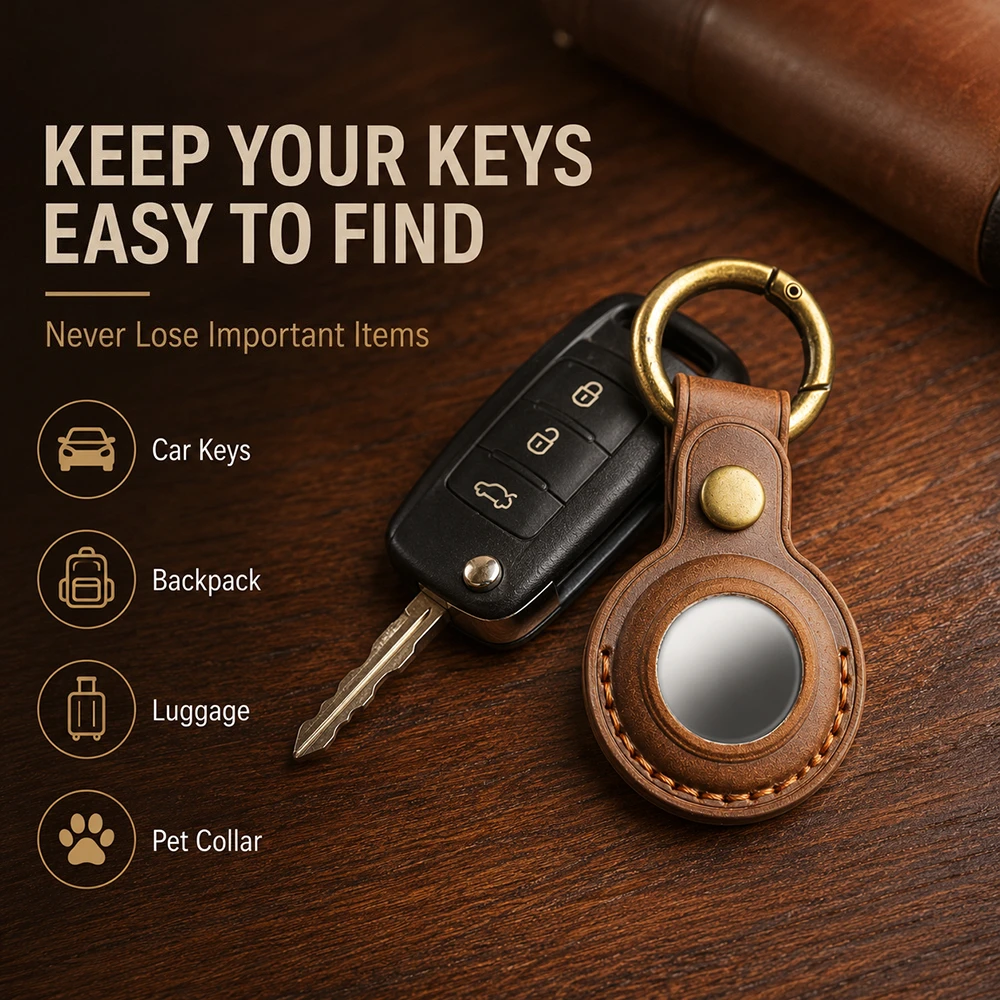 Genuine Leather AirTag Holder Keychain Protective Case for Apple AirTag Anti-Lost Locator Cover Car Key Ring Accessory