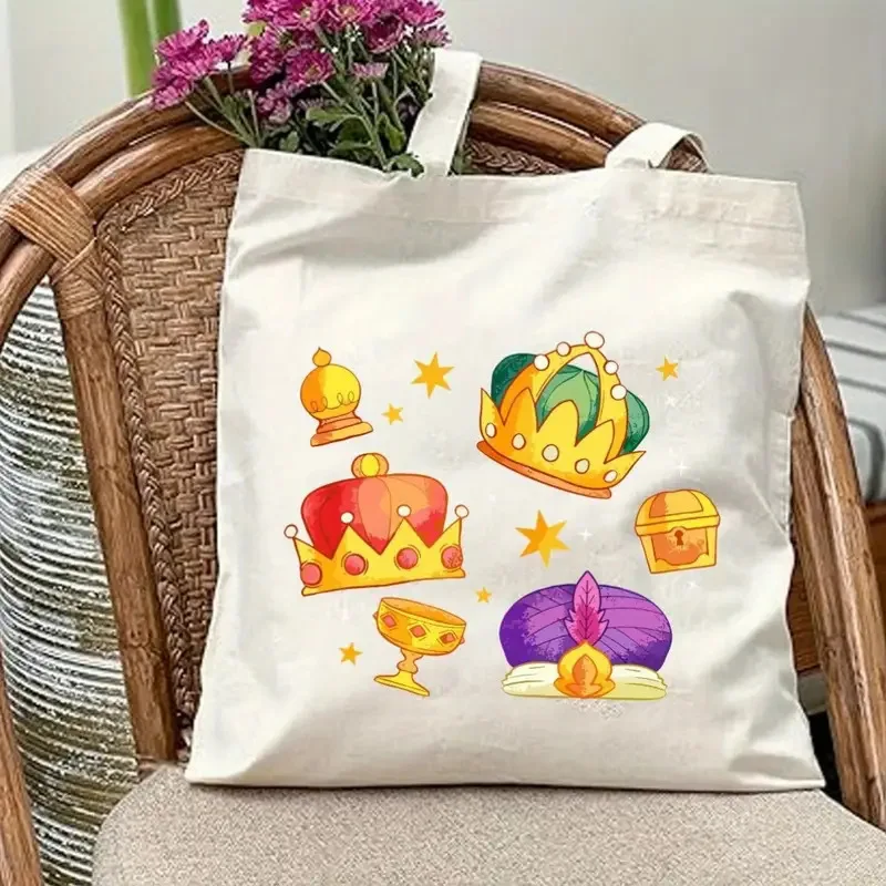 

Girls Cartoon Crown Print Canvas Bag Fairy Tale Style Colorful Tote Bag Reusable Eco-friendly Shoulder Bag Fashion Items