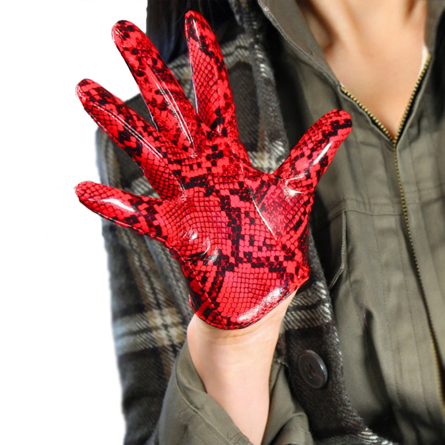 Extra Short Red Snake GLOVES 16CM Shine Faux Leather Latex Wet Look Evening Dressing Opera Halloween Custome Fashion Glove