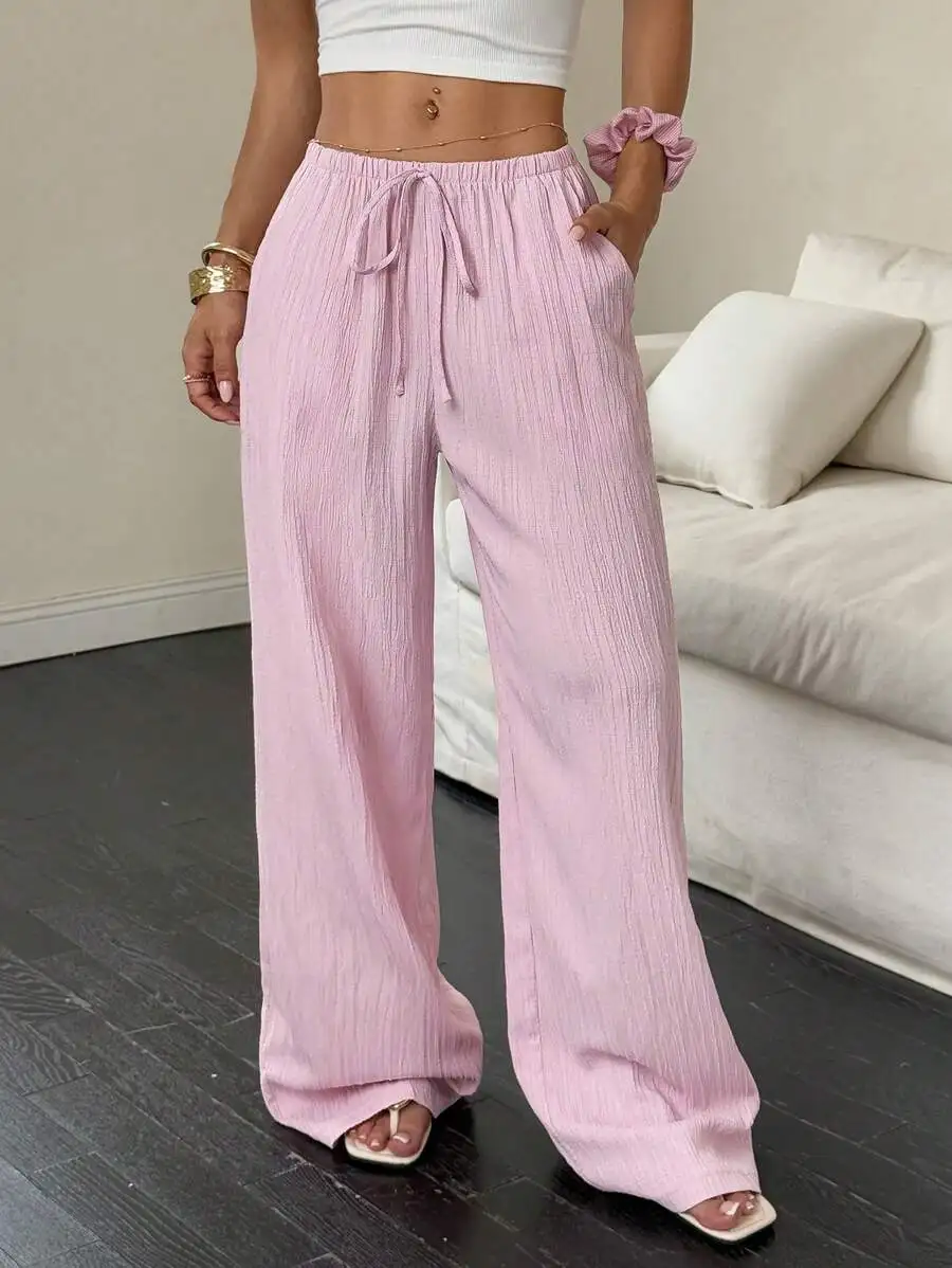 

Women's Pink Textured Wide Leg Pants with Drawstring Waist and Pockets