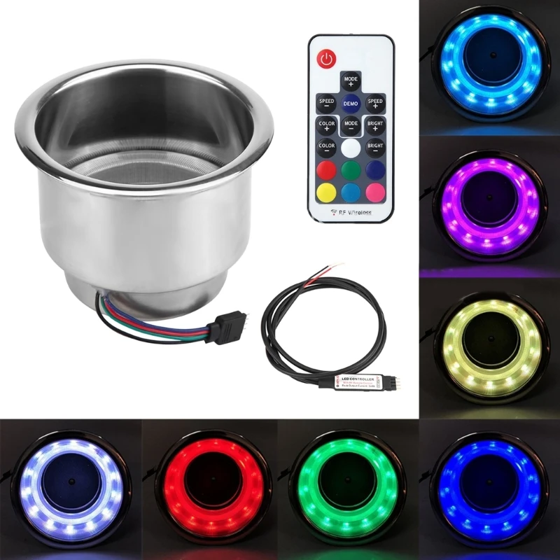 Portabevande per tazze in acciaio inossidabile 14LED lucidato per portabevande per tazze con luce RGB telecomandate per camion