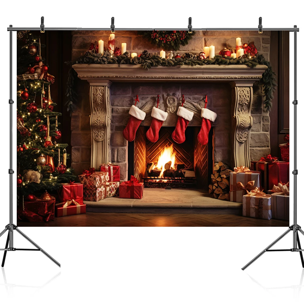 Bonvvie Christmas Photography Background Old Brick Fireplace Christmas Tree Gift Beer Baby Photo Backdrop Photocall Photo Studio