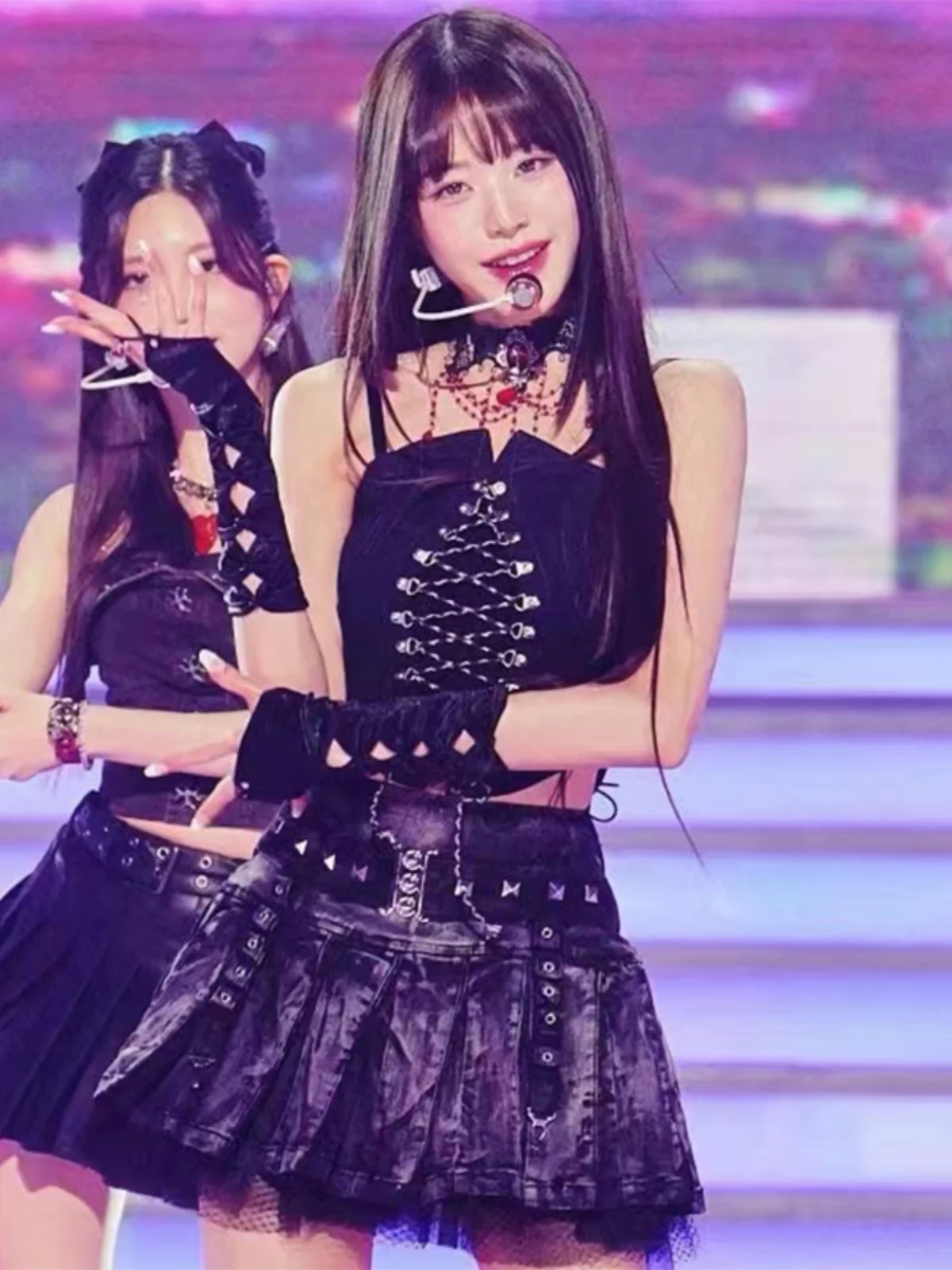 

Sexy Jazz Dance Outfit Women's Band Performance Costume Belted Top Skirt Set Stage Performance Clothing Leather Skirt