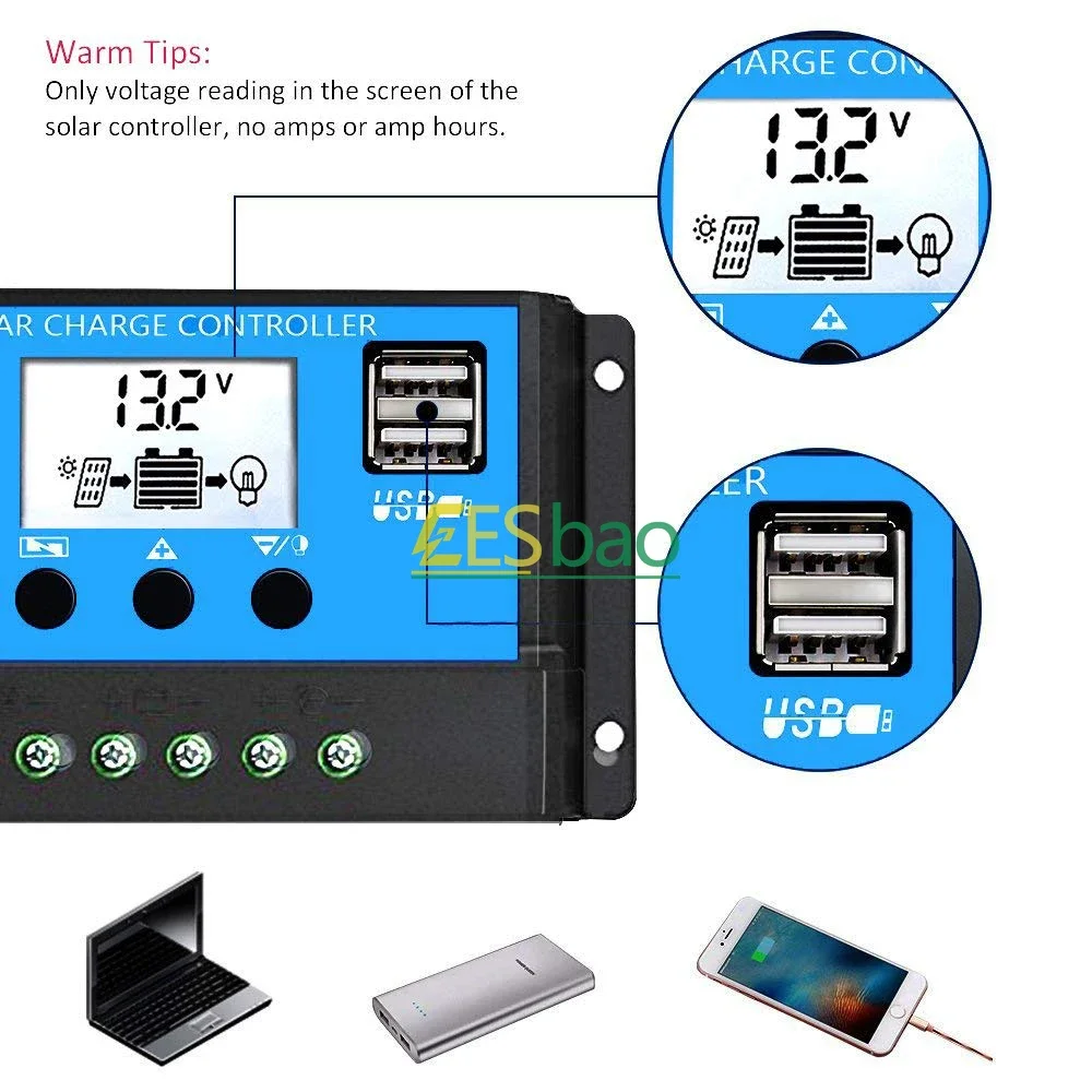 ตัวควบคุมแรงดันไฟฟ้า12V/24V 60A เครื่องควบคุมการชาร์จพลังงานแสงอาทิตย์แผงโซล่าบ้านพร้อมหน้าจอ LCD ที่ชาร์จแสงอาทิตย์ PWM USB คู่