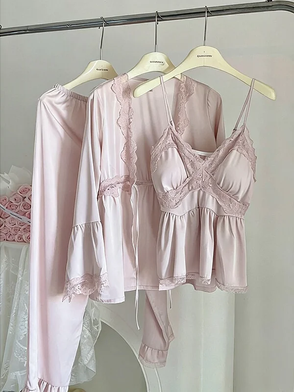 Zhaolu Sexy Lace Ice Silk Sleepwear Three-Piece Set Women's Long Sleeve Strap Home Clothes V-neck Adjustable Shoulder Strap