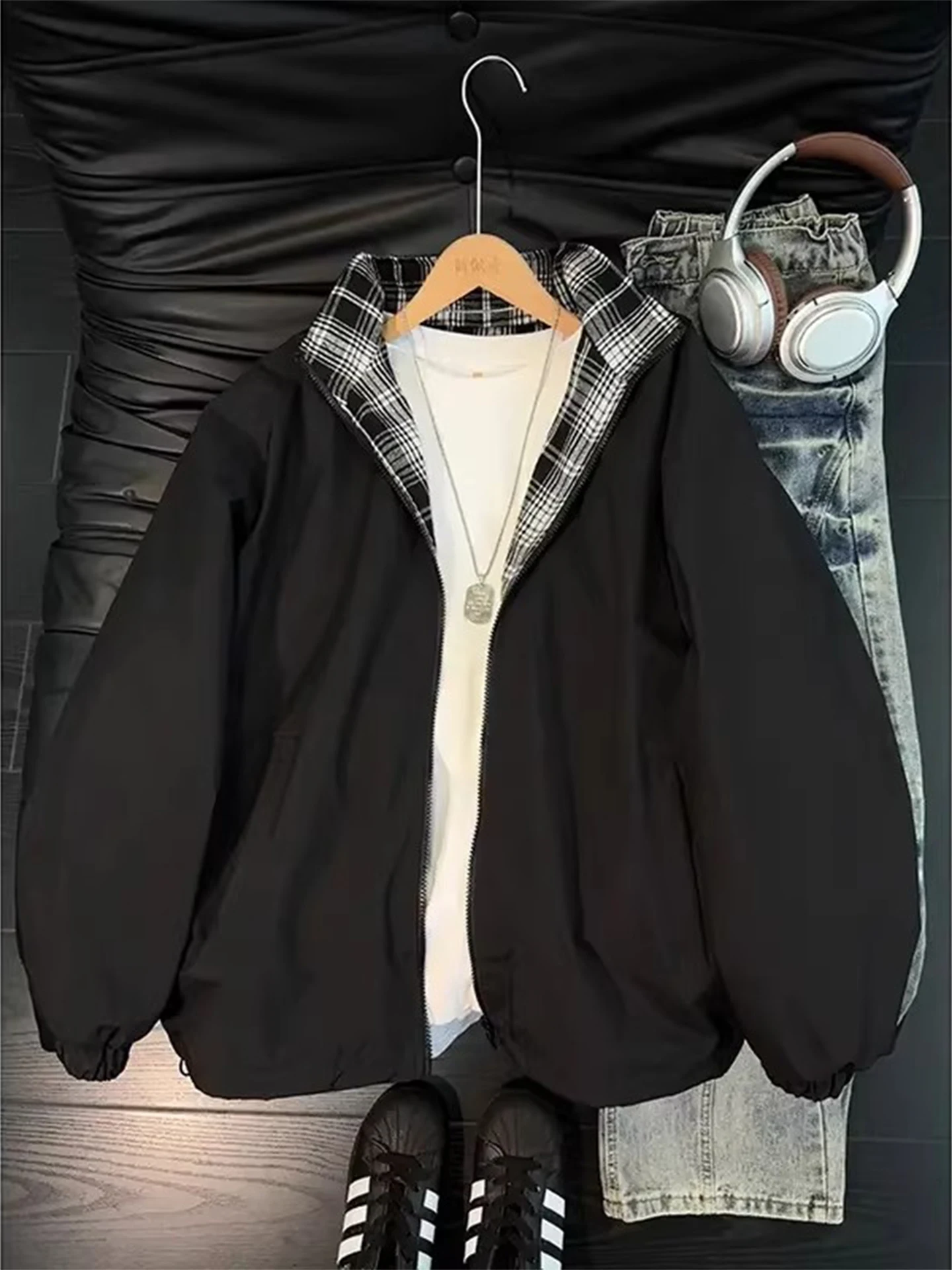 Bla White Plaid Splicing Flight Jaet Men's Spring Autumn High Sensation Stand Collar Baseball orm Outerwear Tee Pro...