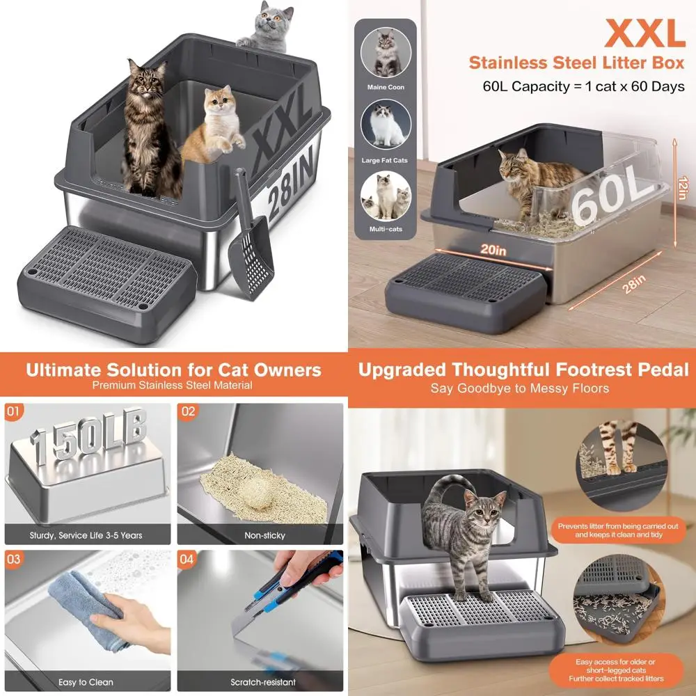 

Очень большой металлический ящик для кошачьего туалета Jumbo с крышкой для больших кошек, 28 л x 20 Вт, идеально подходит для больших кошачьих туалетов