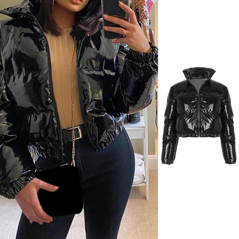 Women Winter Long Sleeve Zipper Puffer for Jacket Stand Collar Shiny Metallic Faux Leather Cropped Puffy Bubble Coat Outerwear