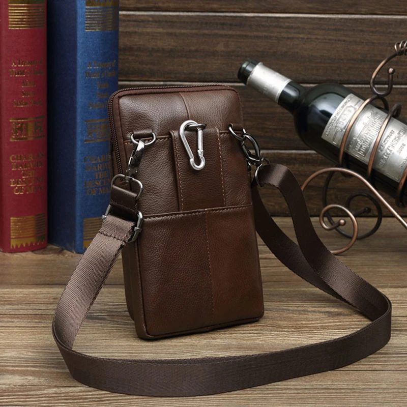 Bolso cruzado de hombro pequeño para hombre, paquete de cinturón de cintura, monedero de gancho, funda de teléfono móvil de cuero genuino, riñonera