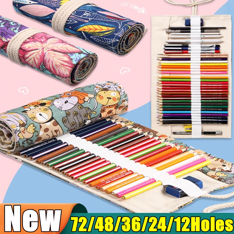 最新の12-72穴ロールカラーアートペンケース-かわいい学校学生用品-ペイントブラシペンバッグ-キュートなペンケース-文房具
