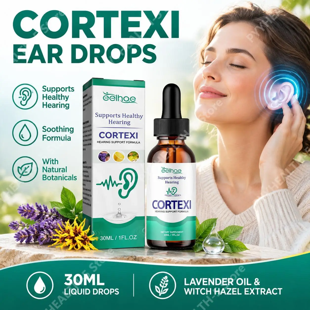 Ear Drops Reduce Ringing Clear Ear Canal Blockage Relieve Itching Lavender Oil Witch Hazel Extract Ear Care Liquid, 30 ML