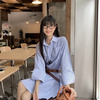 유행 태양 보호 간단한 줄무늬 셔츠 드레스 여성 가을 2024 새로운 스타일 a 라인 슬리밍 슬리브 미니 드레스