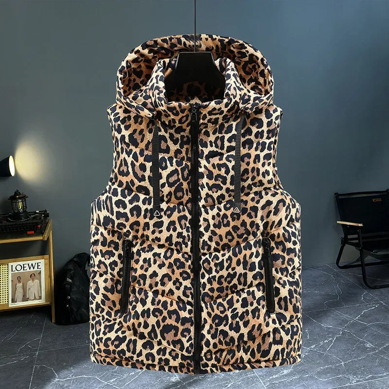 Winter Sleeveless Jacket Men Leopard Print Outerwear Vest Jacket Zipper Warm Thick Down Cotton Hooded Vest Man Slim Fit Coat