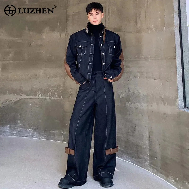 

LUZHEN Fashion Faux Leather Design Patchwork Denim Jackets Two Piece Original Trendy Color Contrast Casual Men Jeans Sets LZ5304