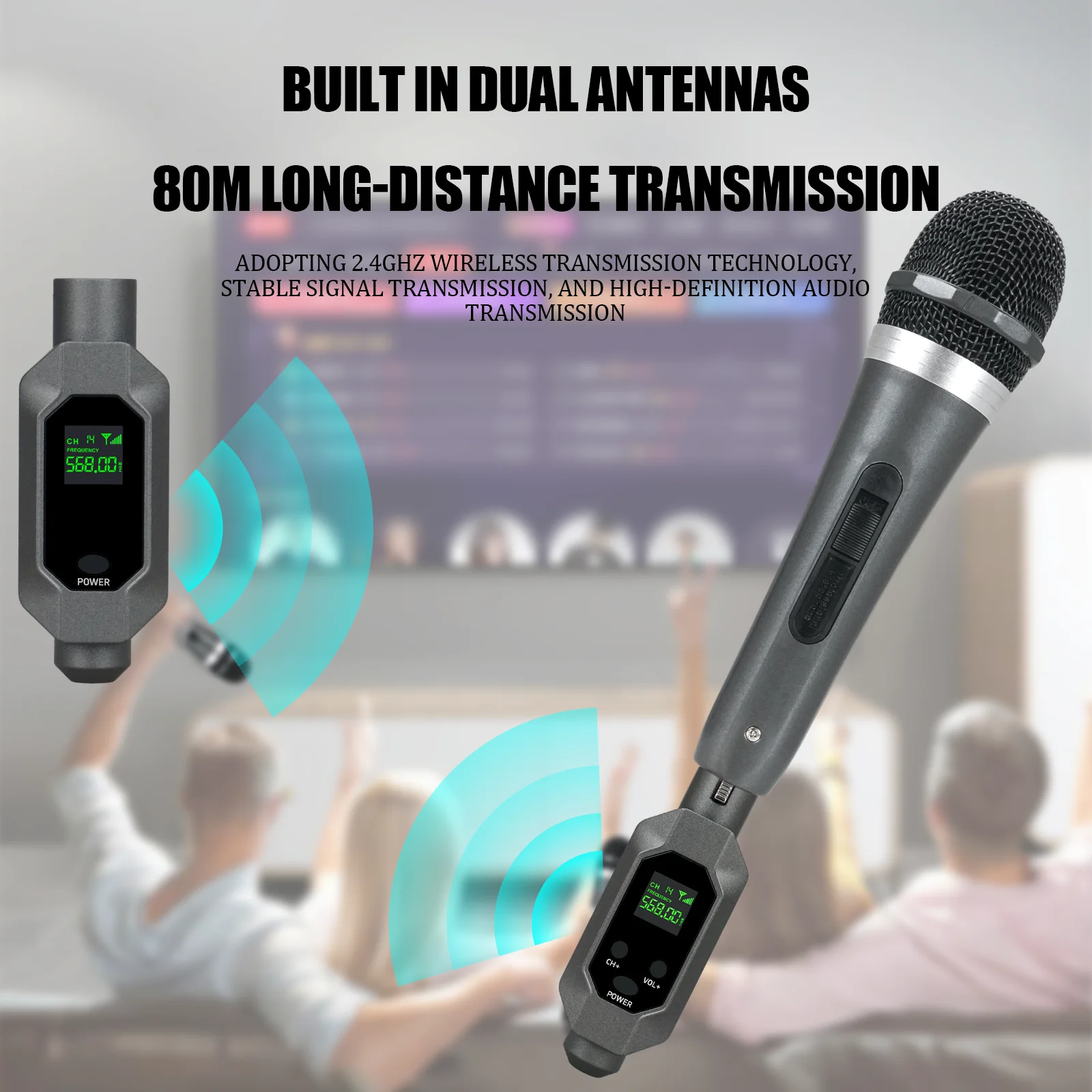 Wireless microphone transmitter receiver plugged into XLR microphone wireless system, suitable for 48V capacitive microphone