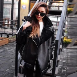 Fashion Leather Fur Bomber Jackets Coat Women Winter Thick Warm Lapel Collar Casual Loose Velvet Motorcycle Jacket Outerwear