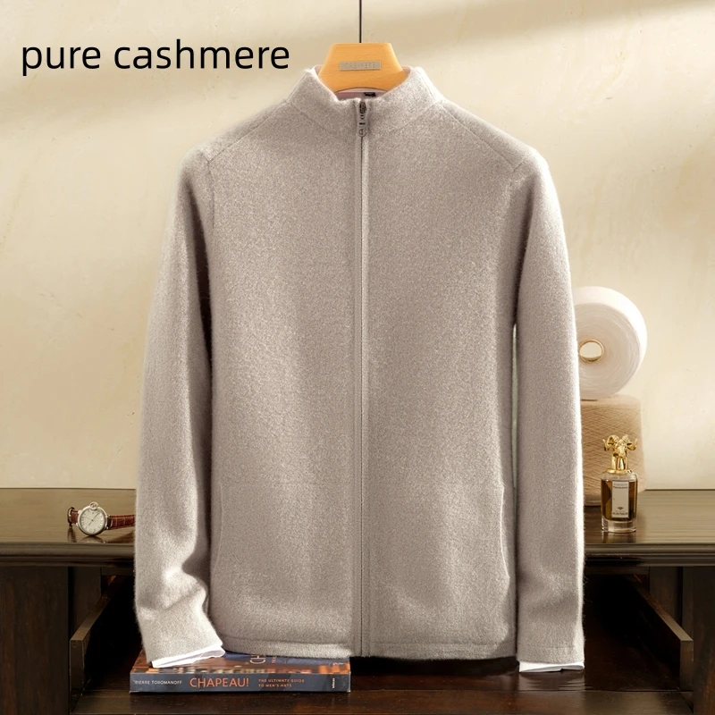

High Quality 100% Pure Cashmere Sweater Men Stand Up Collar Zipper Cardigan Outdoor Sports Style Thick Coat Autumn Winter New