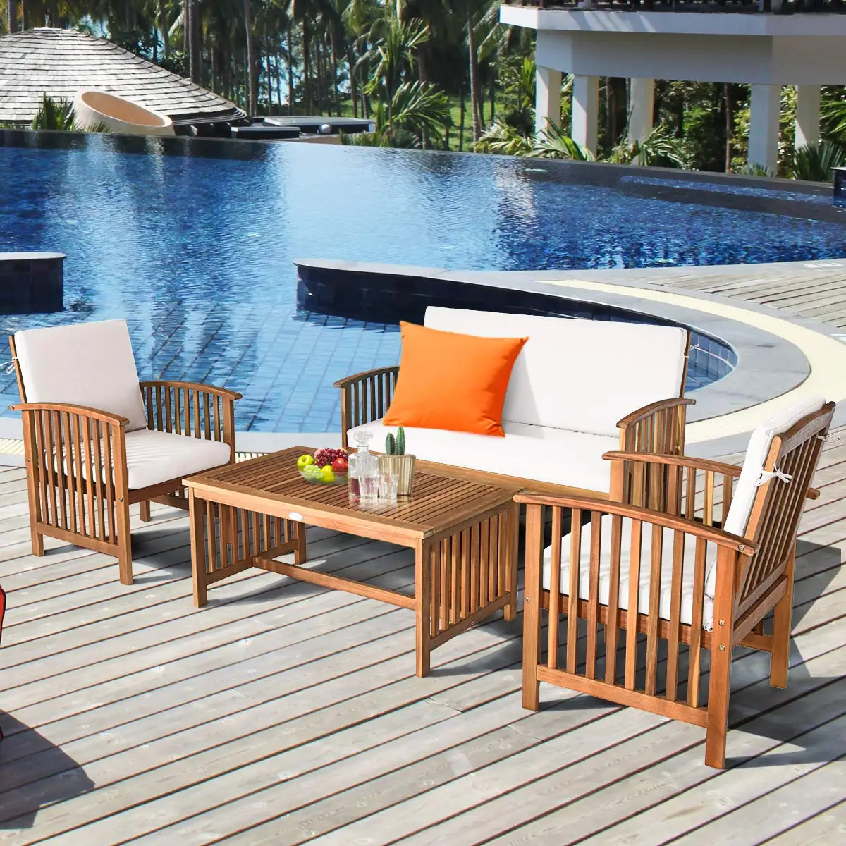 Wood Patio Sofa Set w/Water Resistant Cushions & Coffee Table for Garden Backyard Poolside, Customized