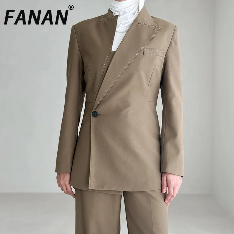 

FANAN Irregular Gathered Waist Blazers For Women Lapel Single Button Office Lady Jacke Temperament Coats 2025 Autumn New