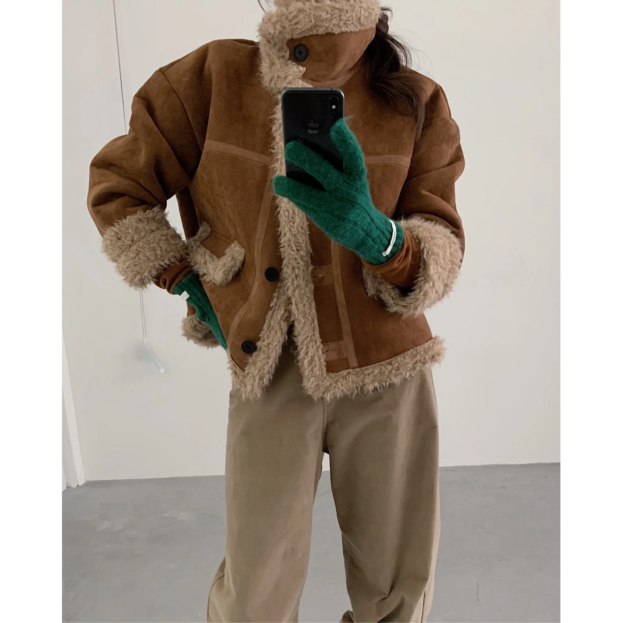 เสื้อโค้ทขนแกะฤดูหนาวแบบวินเทจ หนังกลับบุผ้าฝ้ายอุ่น หนังแท้ แฟชั่นเกาหลีสำหรับผู้หญิง เสื้อโค้ทอุ่น