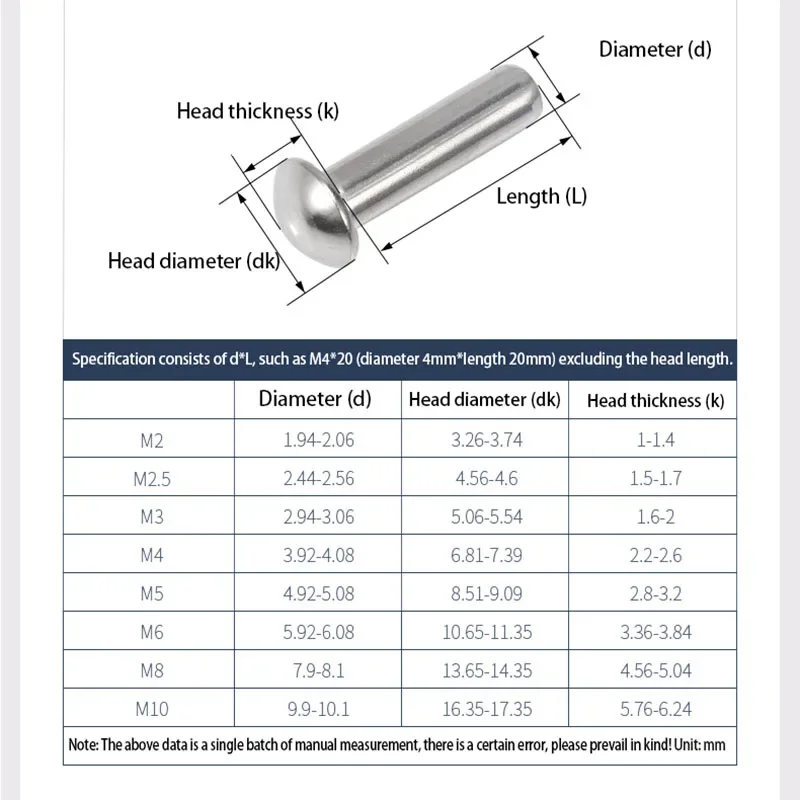 3-50PCS 304 Stainless Steel Semi-Round Head Solid Rivets GB867 Hand Knockout Round Cap Willow Nails M2 M2.5 M3 M4 M5 M6 M8