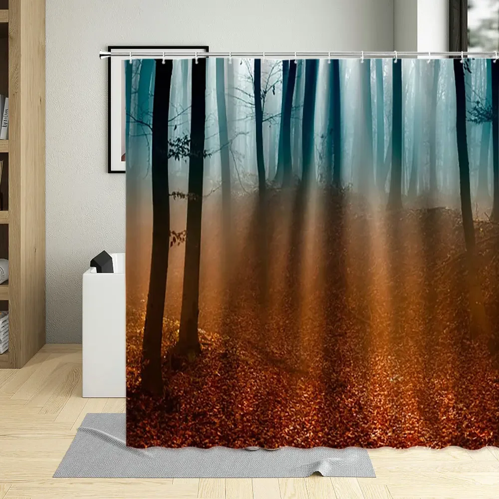 Autumn Red Leaves Nature Forest Landscape Bathroom Decor Screen Waterproof Polyester Fabric Shower Curtain With Hooks Curtains