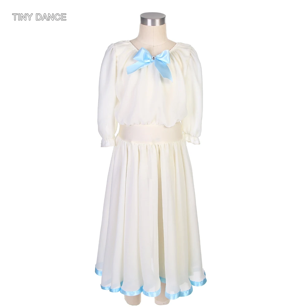 

Girls Mid Sleeves Ballet Dance Dresses Ivory Spandex Top Bodice attached Long Chiffon Skirt with Blue Ribbon Trim Edging 22126