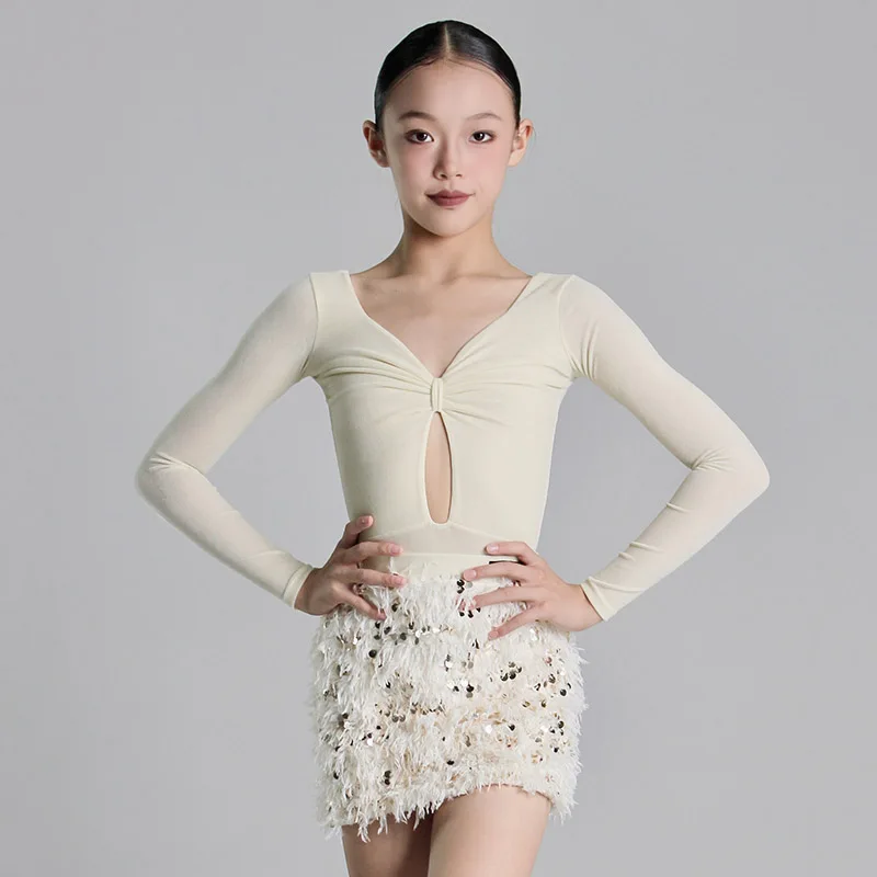 

Children's Latin Dance Costume Practice Outfits Matte Ultra-thin Velvet Bodysuit and White Feather Glitter Performance Skirts