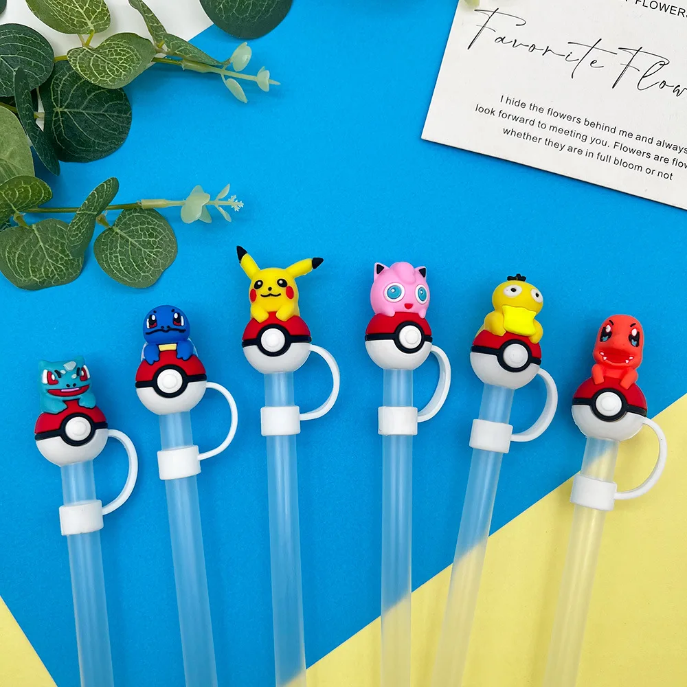 6pcs Kawaii Pokémon Pikachu ฟางฝาครอบสําหรับถ้วยสแตนลีย์นํากลับมาใช้ใหม่ 10 มม.ซิลิโคนฟาง Topper ใช้งานร่วมกับ 30 และ 40 oz Tumbler