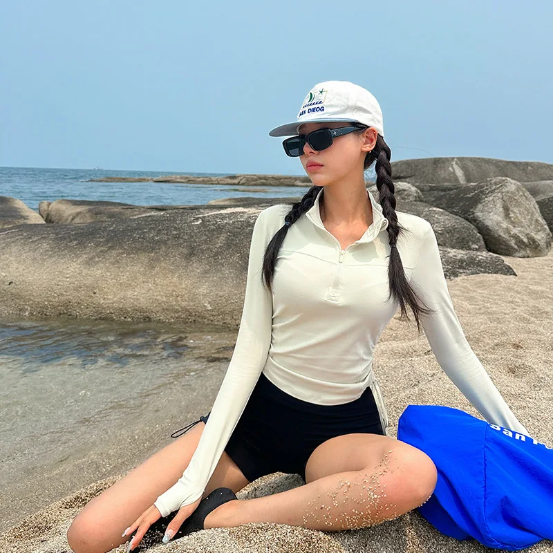 WackDaria Women Swimsuit Long Sleeve Zipper Classic White Drawstring Short Pant Surfing Suit Beach UV Protection Swimwear