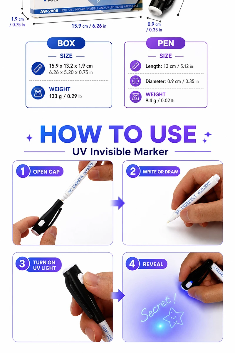 12 Stück UV-Licht unsichtbare Marker, verschwindende Tinte, Schreibstift, verstecktes Notizwerkzeug, Kunst, Kreation, DIY, Basteln, universelles Bürobedarf – Detail 6