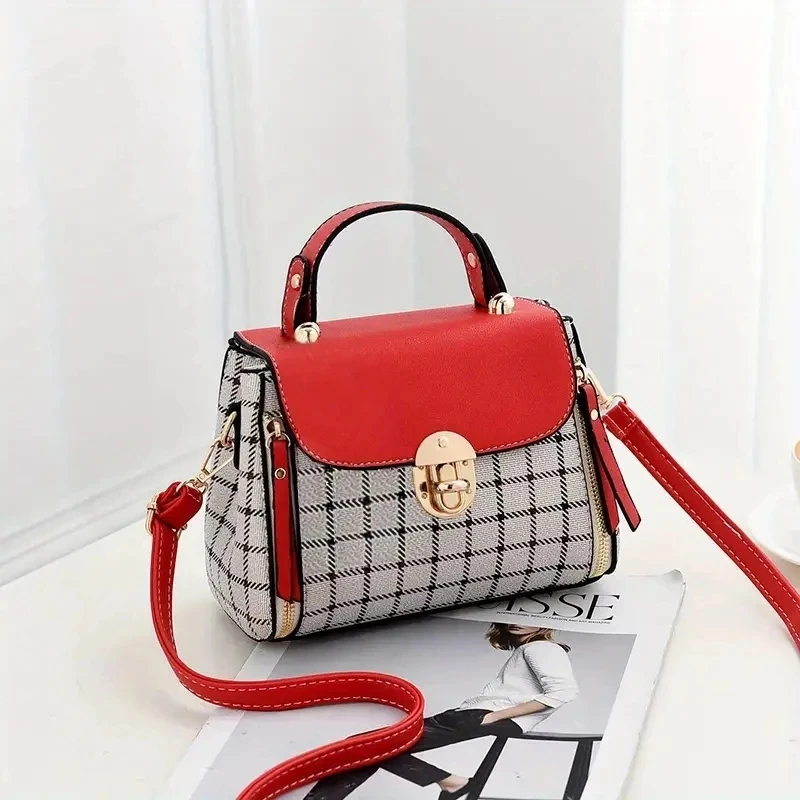 Crossbody Bags Faux Leather Top Handle Bag Plaid Cute Square Shoulder Bag Classic Box Bag for Women Girl Flap Satchel Purse