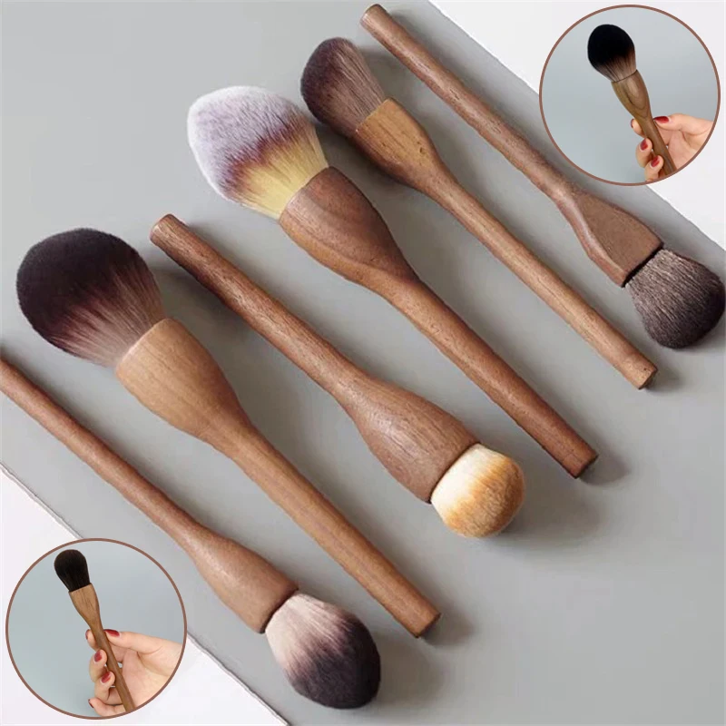 1/6 Piezas Brochas de Maquillaje Europeas Vintage con Mango de Madera de Nogal de Alta Calidad para Polvo Suelto, Colorete, Base y Contorno, Súper Suaves