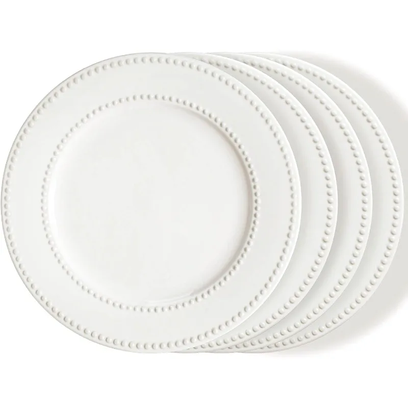 

Dinner Plates Set of 4, 10.5 inch White Ceramic Plates, Embossed Salad Plates, Serving Plates