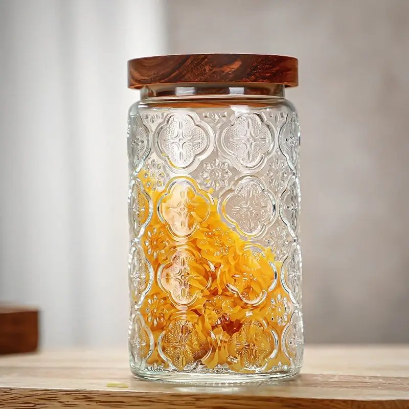 700ML1000ML Retro Begonia Flower Glass Sealed Jar Candy Snack Storage Jar Home Furnishing Large Capacity Glass Storage Container