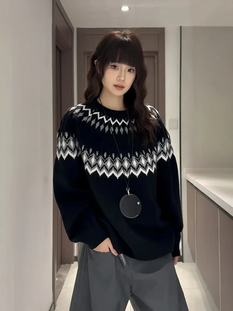 

Мужской вязаный свитер на зиму, повседневный, свободного кроя, с начесом, удобный, дышащий, с геометрическим узором, круглый вырез, новый дизайн