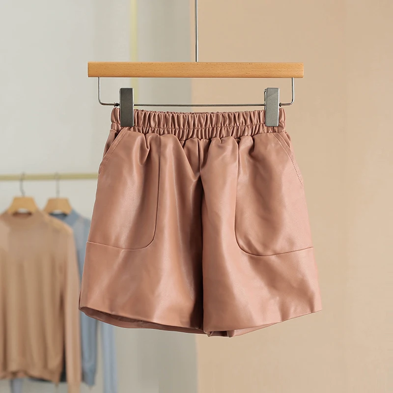 

High Waist Elastic Leather Shorts Illusional Leg Lengthening Spring New Style Women's Casual Pants High Waist Elastic Fabric