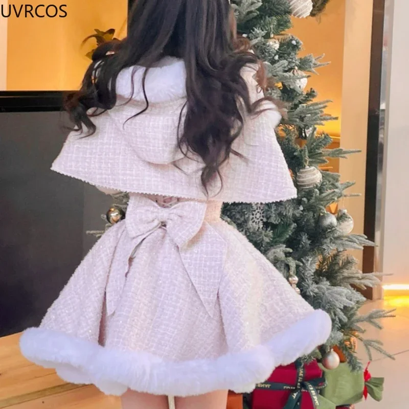 Japanese Style Elegant Tweed Plaid Dress Sets Women Plush Hooded Shawl Short Jackets Mini Skirts Kawaii Christmas New Year Suit