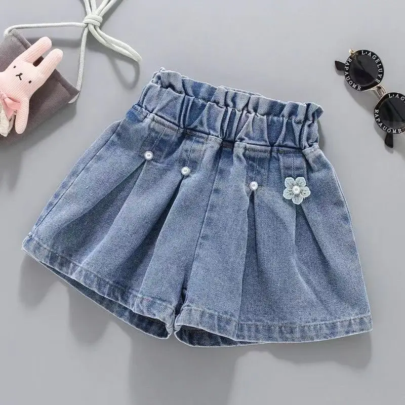 

2025 New Girls Denim Shorts for Children's Clothing Fashion Baby Teens Kids Blue Solid Color Lace Paste Bow Short Jeans Pants
