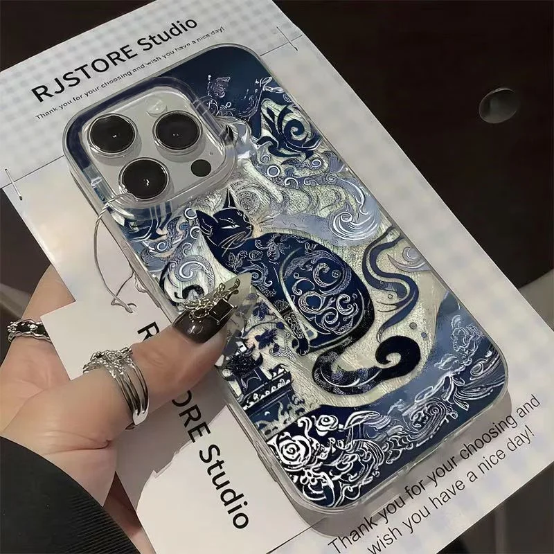 เคสโทรศัพท์ลายแมวโทเท็มสีน้ำเงินสำหรับ Oppo Reno13 Reno12 Reno11 Reno10 Reno8 Reno7 Reno6 Z T Pro 4G 5G  ฝาหลังลายขนนก