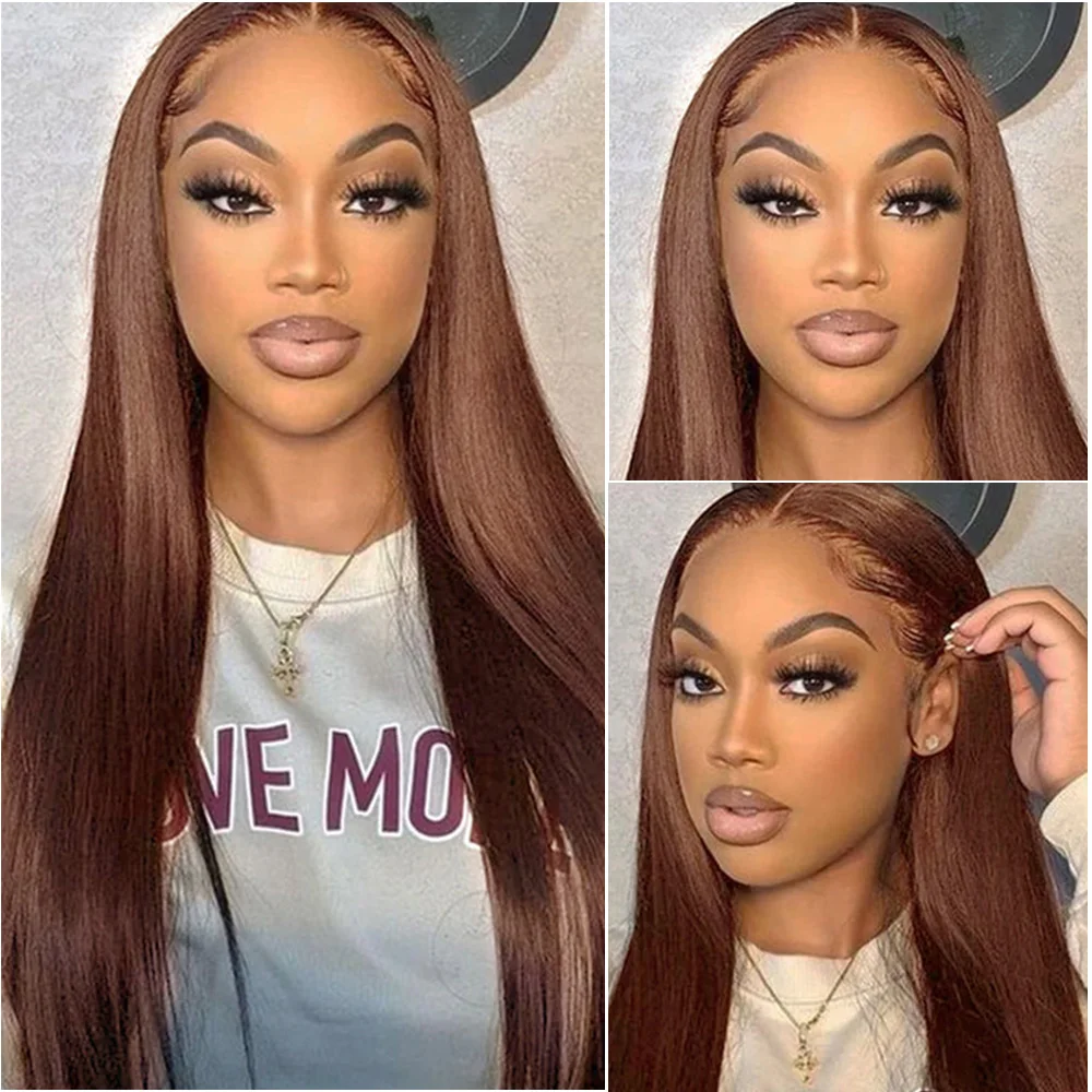 # 초콜릿 브라운 스트레이트 100% 인모 레이스 프론트 가발 26인치 36인치 13x6 HD 레이스 프론탈 인모 가발 200% 밀도 여성용 4개