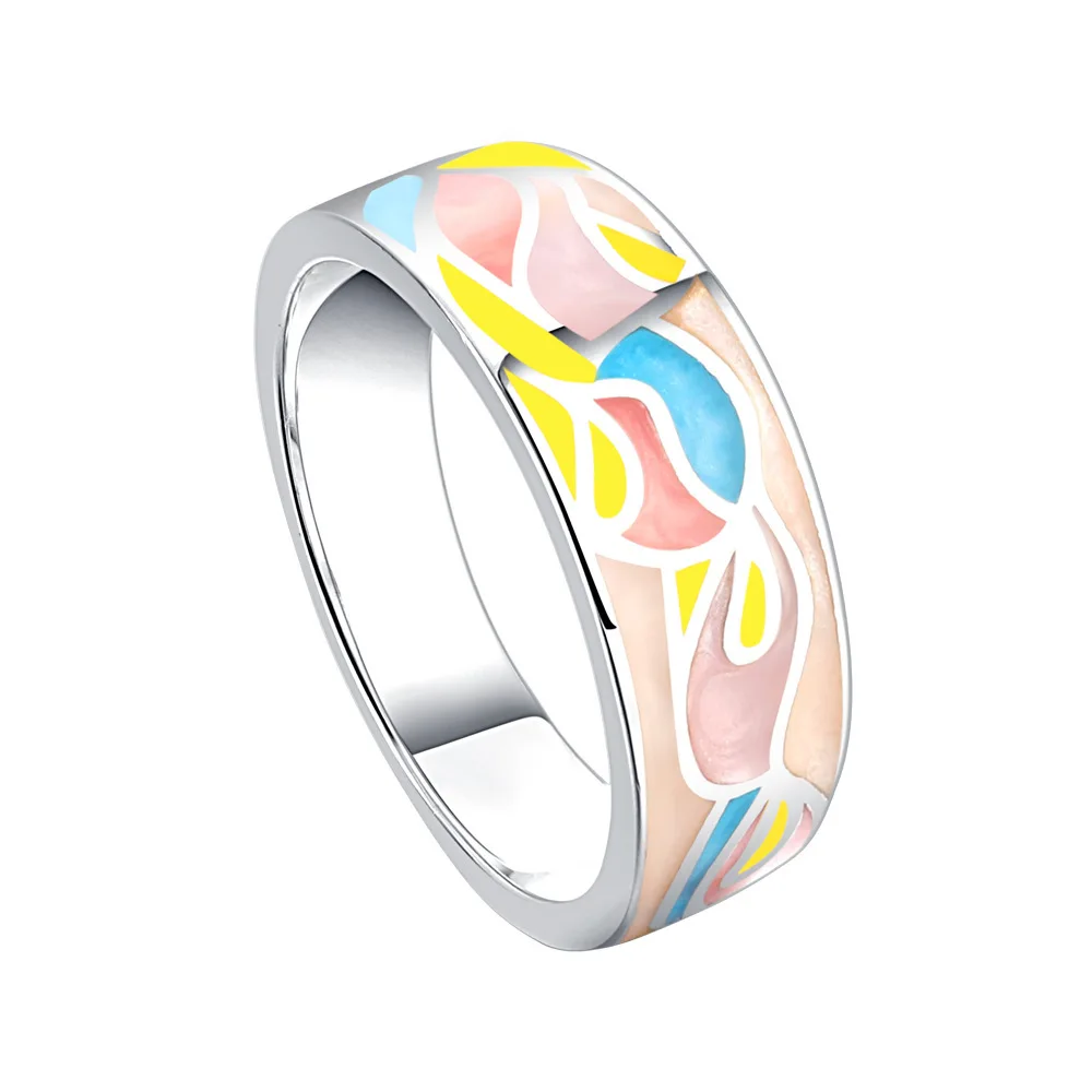

Sun Star Women's Trendy Abstract Pattern Jewelry Ring Beautiful Enamel Coated Band with Rhodium Plating for Weddings