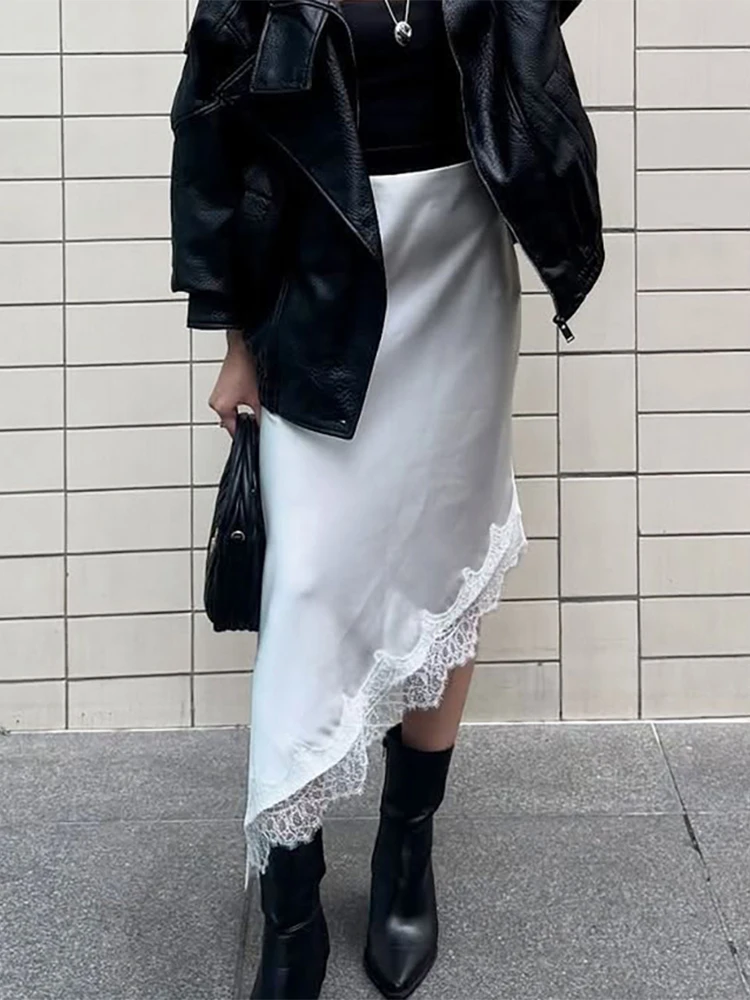 

Trendix White Lace Satin Skirt For Women Autumn Fashion Asymmetry Long Skirts Party High Waist Elegant Office Commuter Skirt New
