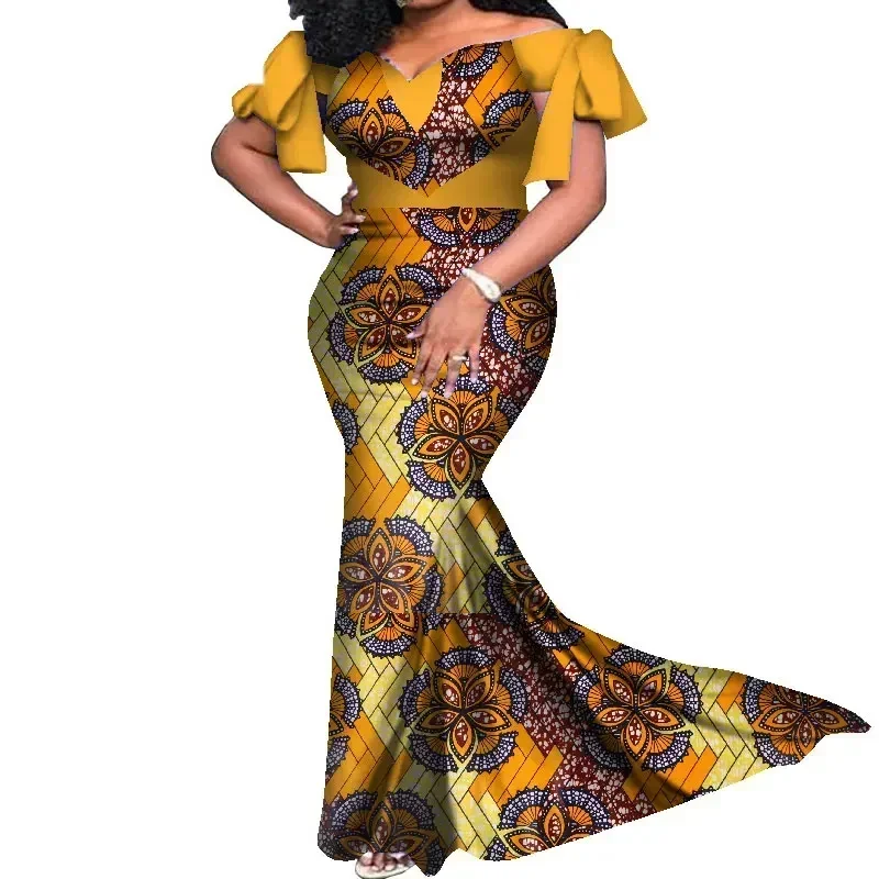 African Women Wedding Clothing with Heart Shape Slash Neck Dress Fashion Lady Elegant Wax Print Cotton Dresses WY7965