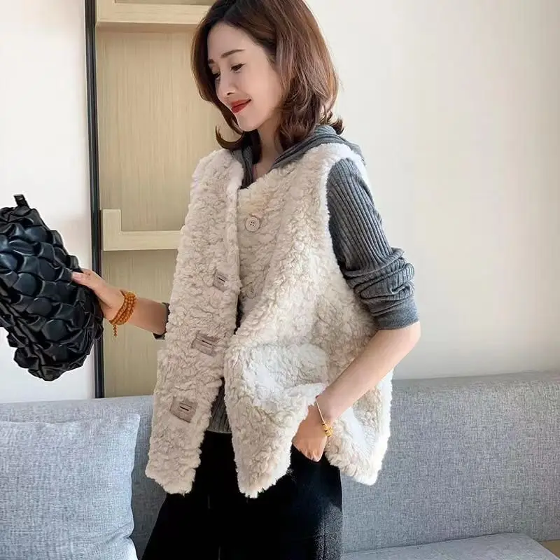 

Lamb Wool Vest Sleeveless Jacket Coat Women Single Breasted Round Collar Autumn Winter Office Lady Warm Outwear Waistcoat