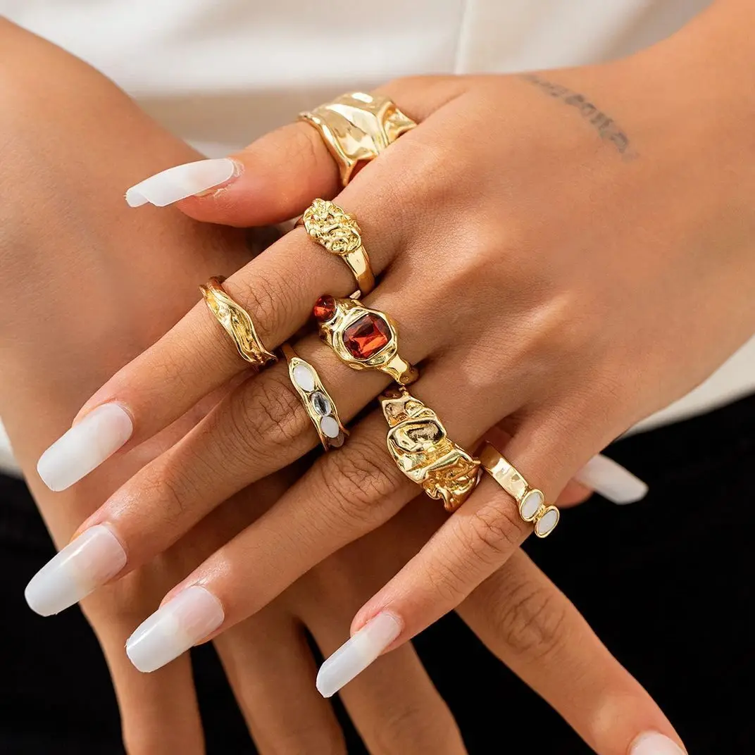 7Pcs Vintage Irregular Folded Surface Open Rings Set for Women