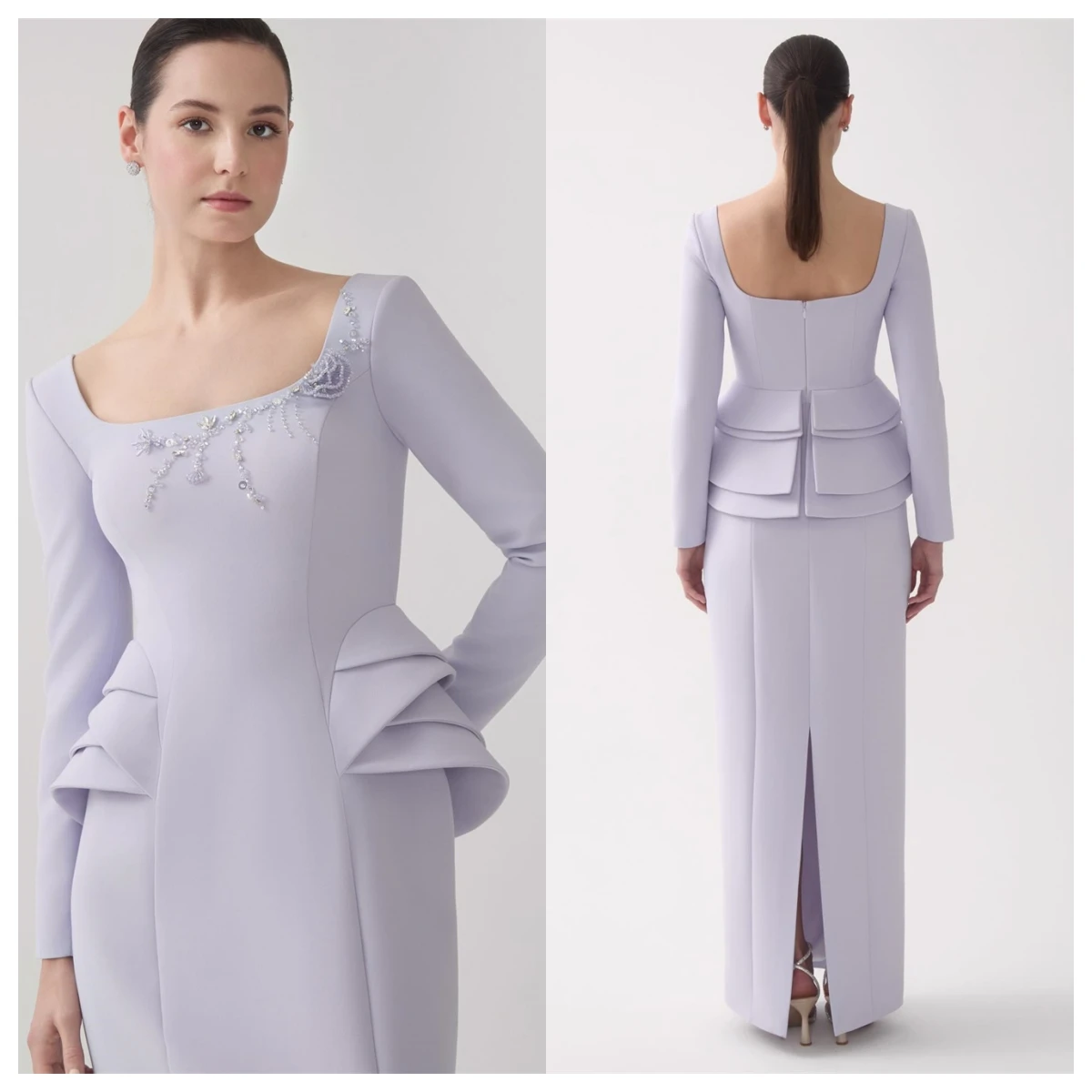 Customized Temperament Light Purple Jersey Evening Dress Square Collar Long Sleeves Celebrity Gowns Bespoke Occasion Gowns